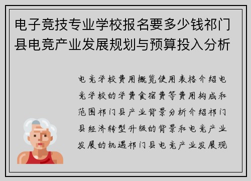 电子竞技专业学校报名要多少钱祁门县电竞产业发展规划与预算投入分析