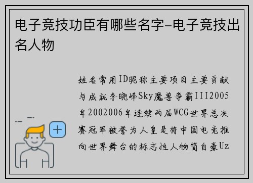 电子竞技功臣有哪些名字-电子竞技出名人物